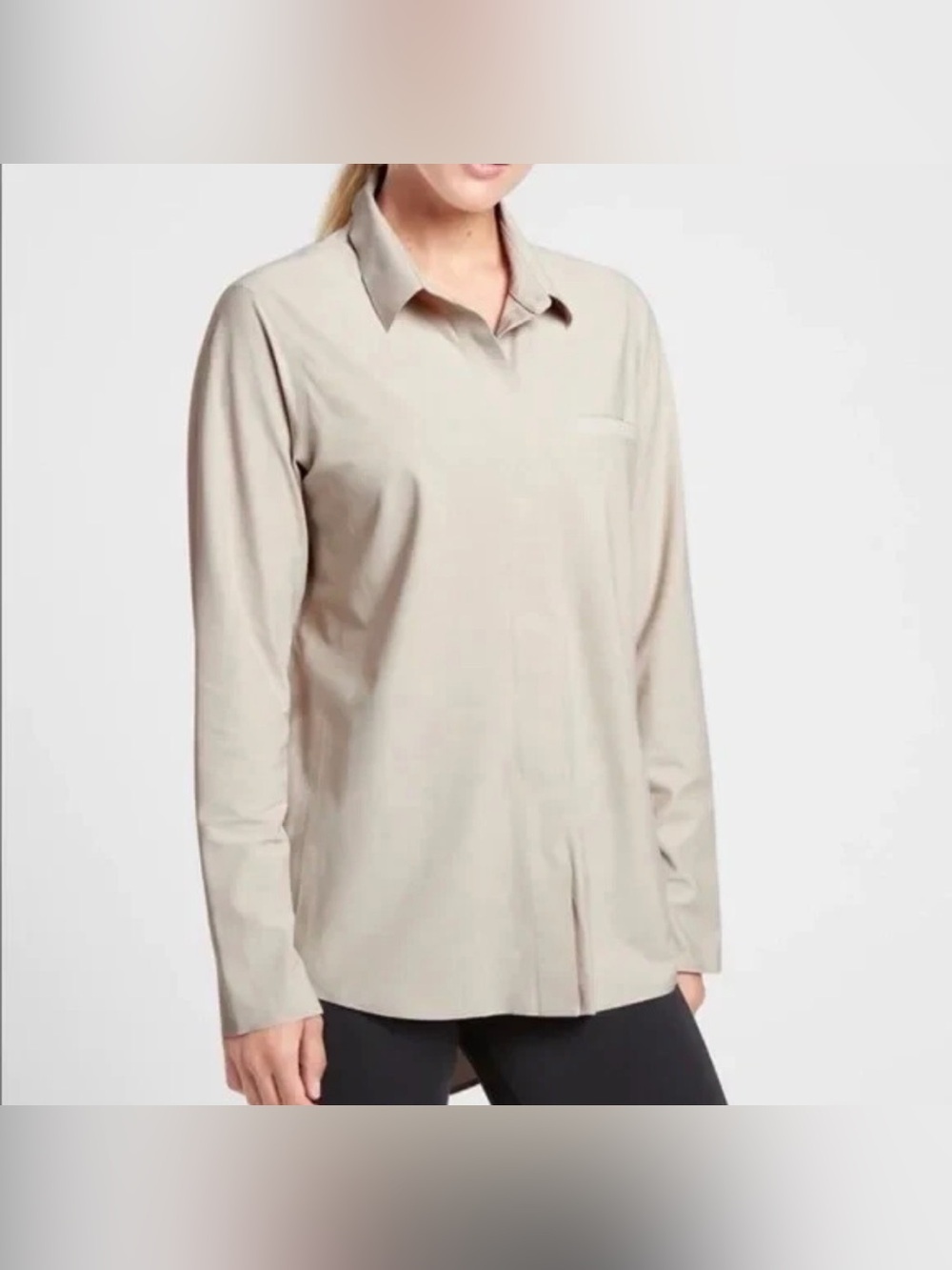 Athleta Urbanite UPF 50 Beige Long Sleeve Button Down Stretch Breathable Size M